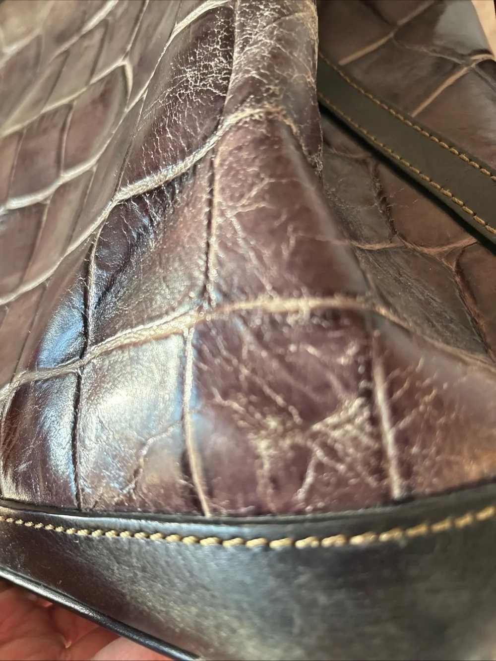 Dooney & Bourke Croc-Embossed Shoulder Tote - Deep Brown with Black Trim
